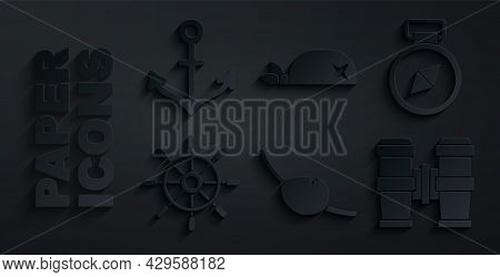 Set Pirate Eye Patch, Compass, Ship Steering Wheel, Binoculars, Bandana For Head And Anchor Icon. Ve