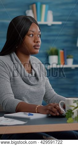 Student With Black Skin Searching Online Courses Writing School Homework On On Computer During Onlin