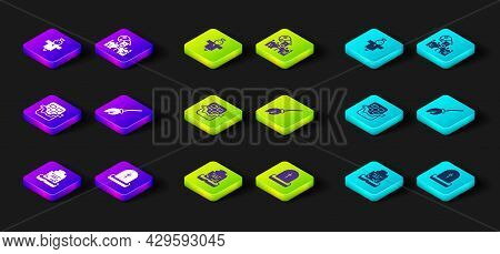 Set Tombstone With Rip Written, Chocolate Bar, Witches Broom, Castle, Fortress And Scarecrow Icon. V