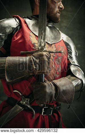 Portrait Of One Brutal Bearded Man, Medeival Warrior Or Knight With Dirty Wounded Face
