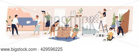 Big Family During Home Repair. People Making Renovation Of Living Room In Apartment. Parents With Ki