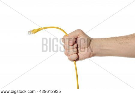 Lan Ethernet Cable In Hand. Yellow Rj45 Twisted Pair Cable For Computer Network. Cat 5e Utp Connecti