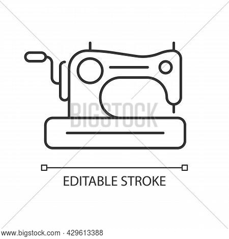 Antique Sewing Machine Linear Icon. Collectible Equipment With Hand Crank And Treadle. Thin Line Cus