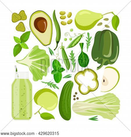 Green Vector Food. Vegetables, Fruits And Other Green Food On White. Chromotherapy, Color Benefits T
