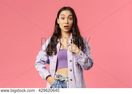 Portrait Of Surprised Cute Girl Look Amazed, Didnt Expact Win Or Being Chosen, Open Mouth Look Astou