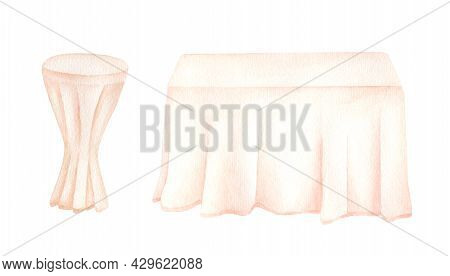 Watercolor Clothed Tables Illustration. Hand Drawn Simple Wedding Table For Newlyweds And Ceremony A