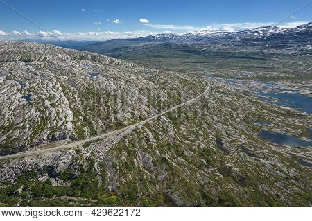 Nordland County, Norway. Saltfjellet Svartisen National Park. Scenic Route Through The Park. Aerial 