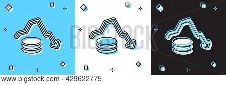 Set Dollar Rate Decrease Icon Isolated On Blue And White, Black Background. Cost Reduction. Money Sy