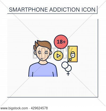 Cybersex Addiction Color Icon. Dependence Of Reading Erotic Stories, Viewing, Pornography. Smartphon