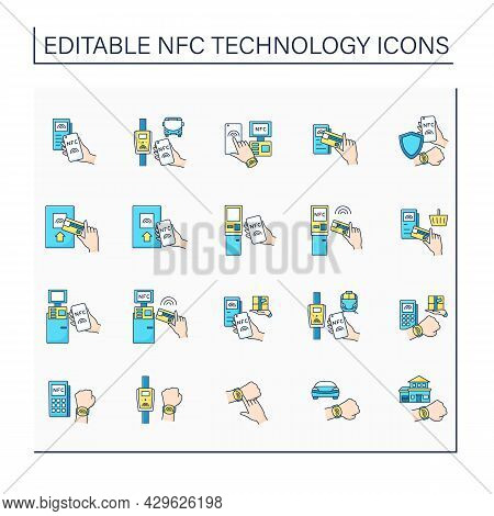 Nfc Technology Line Icons Set. Safety Payment System On Smart Watch Or Mobile Phone. Near Field Comm