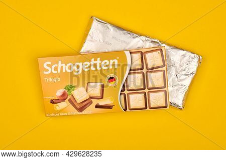 Kaliningrad, Russia - 03.27.2021 - Schogetten Chocolate Trilogia In Foil. Delicious Germany Snack. C