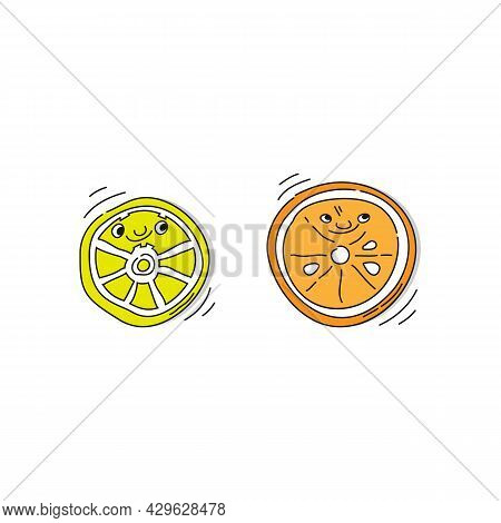 Citrus Fruit Cut In Half. Lemon And Orange With Smile On White Background. Cartoon Sketch. Doodle St