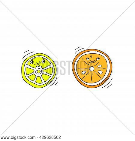 Citrus Fruit Cut In Half. Lemon And Orange With Smile On White Background. Cartoon Sketch. Doodle St