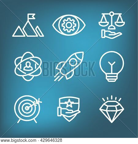 Mission Vision And Values Icon Set With Rocket, Ideas, Goal Icons