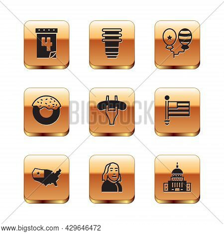 Set Calendar With Date July 4, Usa Map, Benjamin Franklin, Sausage On The Fork, Donut, Balloons, Whi