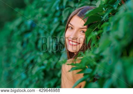 Summer fashion and beauty. Close up portrait of atractive brown-haired young woman smiles against the background of a green hedge in the park.