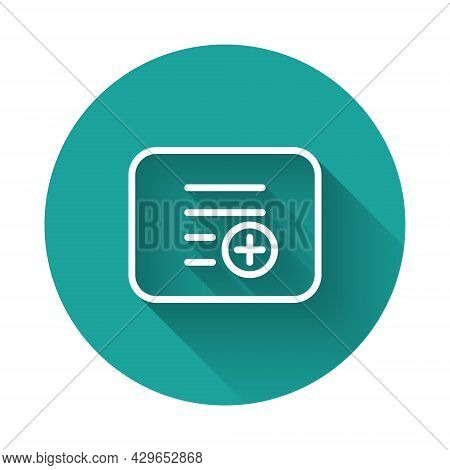 White Line Add To Playlist Icon Isolated With Long Shadow Background. Green Circle Button. Vector