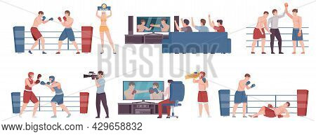 Boxing Competition Flat Compositions With Cameraman Films Struggle Of Athletes And Fans Watching Mat