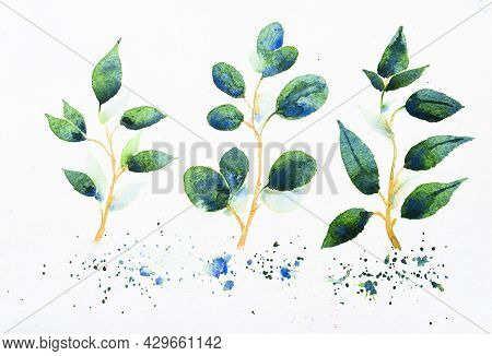 Fresh Green Leaves With White Background As Copyspace. Hand Painted Watercolor Illustration.