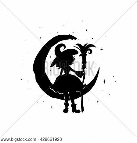Black Witch With Broom And Crescent In The Night Sky. Half Moon And Stars And Hag In Hat. Magic, Fan