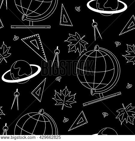 Seamless Pattern Of Various School Supplies. First Day Of School, Back To School Flat Icons. Vector