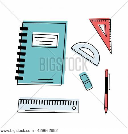 Vector Set Of School Supplies. Back To School Background With Stationery. Vector Illustration