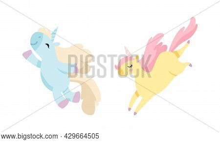 Cute Unicorn Character With Pointed Spiraling Horn And Mane Jumping Vector Set