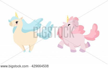 Cute Unicorn Character With Pointed Spiraling Horn And Mane Walking And Standing Vector Set