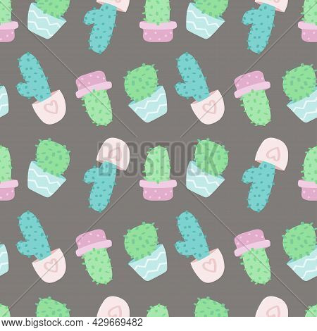 Cute Vector Seamless Pattern With Cartoon Cacti In Pots. It Can Be Used As Wallpaper, Poster, Print 