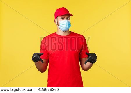 Express Delivery During Pandemic, Covid-19, Safe Shipping, Online Shopping Concept. Confused And Uns