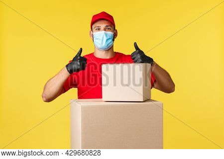 Express Delivery During Pandemic, Covid-19, Safe Shipping, Online Shopping Concept. Pleased Courier 