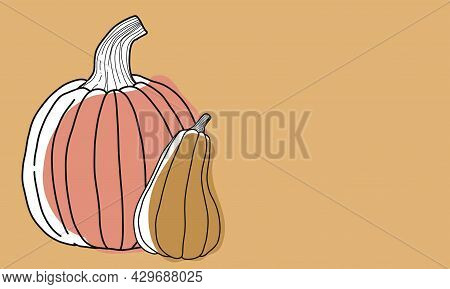 Illustration Two Pumpkins Of Different Shapes In The Linart Style On A Ochra Background, Autumn Styl