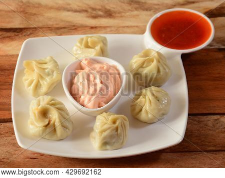 Veg Steam Momo. Nepalese Traditional Dish Momo Stuffed With Vegetables And Then Cooked And Served Wi