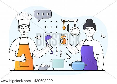 Happy Male And Female Characters In Apron Are Mixing Ingredients To Make A Meal Together. Smiling Pe