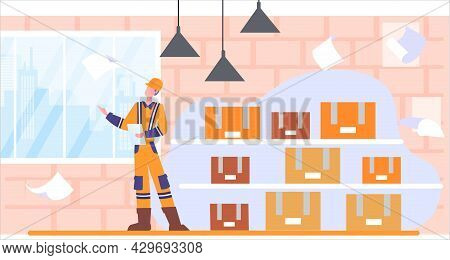 Male Character Distributing And Shipping Production Resources From Storage To Retail Store. Concept 