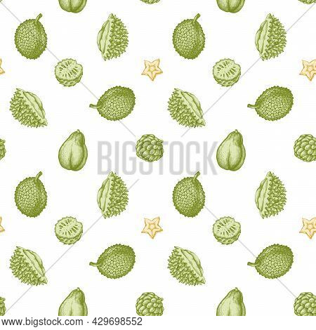 Seamless Pattern With Hand Drawn Pastel Papaya, Starfruit, Durian, Jackfruit, Sugar-apple, Soursop S
