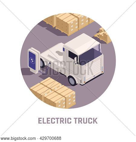 White Electric Platform Truck Using Modern Charging Station For Big Cargo Vehicles Circular Isometri