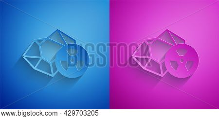Paper Cut Radioactive Icon Isolated On Blue And Purple Background. Radioactive Toxic Symbol. Radiati