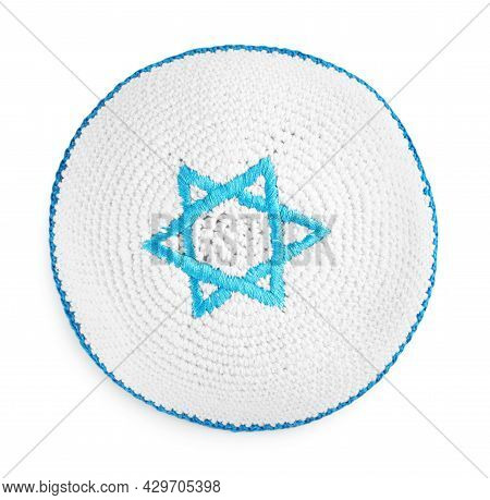 Kippah With David's Star Isolated On White, Top View. Garment For Rosh Hashanah