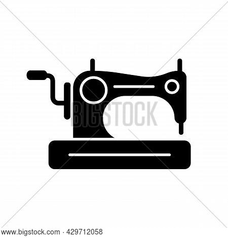 Antique Sewing Machine Black Glyph Icon. Older Device For Stitching Material. Collectible Equipment 