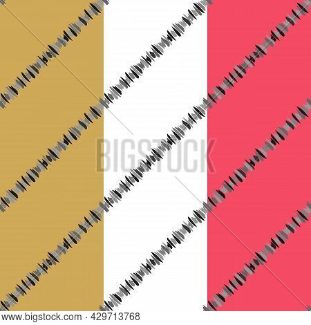 Ink Brush Spots Line. Diagonal Striped Geometric Seamless Pattern, Gray Shades Color Palette. Pink, 