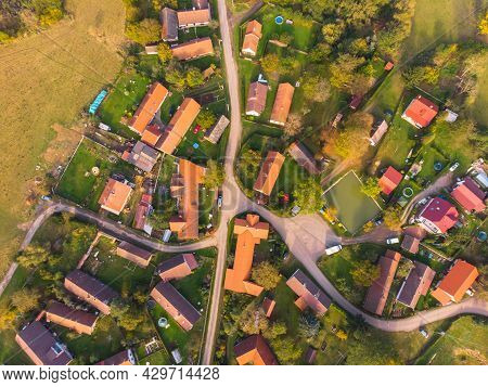 Aerial View Of A Small Village.top View Of Traditional Housing Estate In Czech. Looking Straight Dow