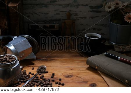 Mock Up With Vintage And Retro Decoration, Moka Pot, Coffee Beans, Espresso Coffee, Camera And Diary
