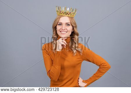 Portrait Of Glory. Smiling Blonde Woman In Crown. Self Confident Queen. Expressing Smug