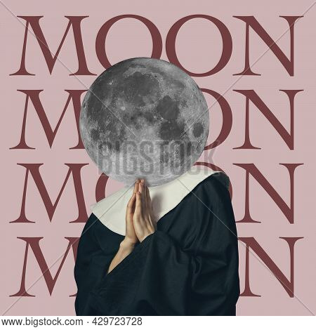 Female Model In Image Of Cloistress, Nun Headed Of Disco Ball. Concept Of Comparison Of Eras, Artwor