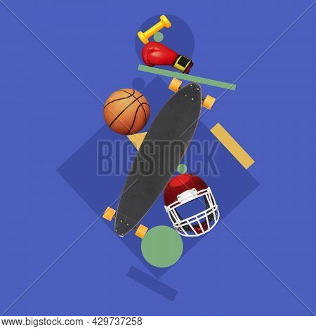 Creative Composition With Sports Atributes Over Dark Blue Background. Leisure Activities