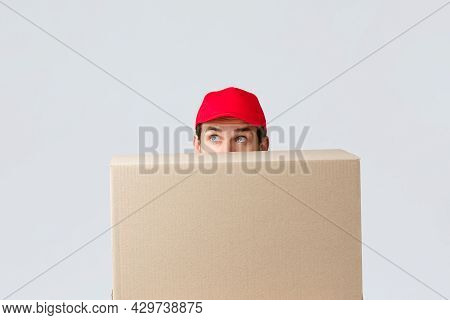 Packages And Parcels Delivery, Covid-19 Quarantine And Transfer Orders. Cute Courier In Red Uniform 