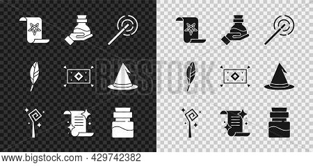 Set Ancient Magic Book, Bottle With Potion, Magic Wand, Staff, Feather And Carpet Icon. Vector