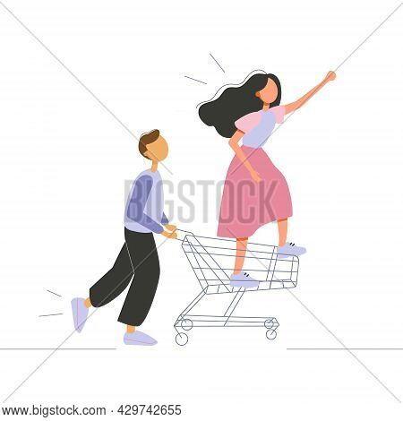 Vector Illustration Of Young Man Pushing The Shopping Cart With Young Woman Going Shopping. Shopping