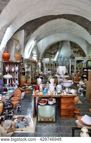 Grottaglie, Italy - June 3, 2017: A Traditional Ceramics Handicraft Shop In Grottaglie, Italy. Grott